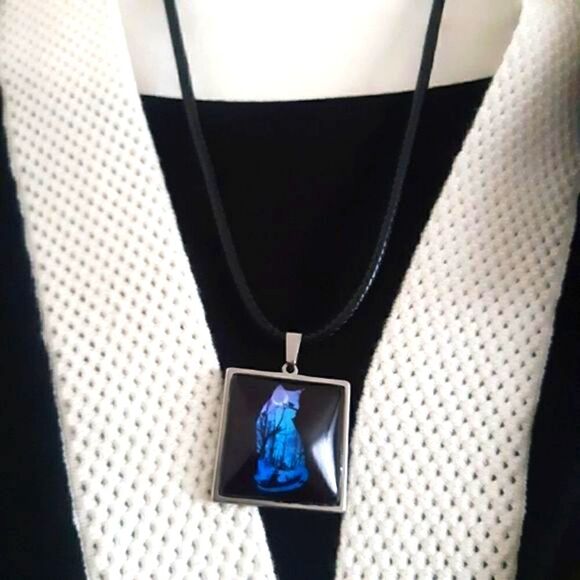 Cat Silhouette Hand Crafted Stainless Steel Charm Leather Adjustable Necklace - Picture 9 of 10